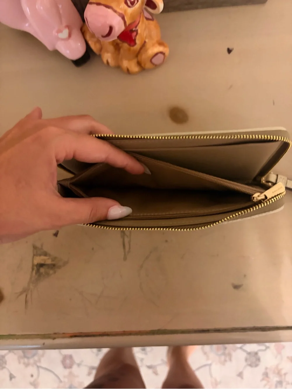 Coach Beige Signature Zip Wallet with Pink Stripe